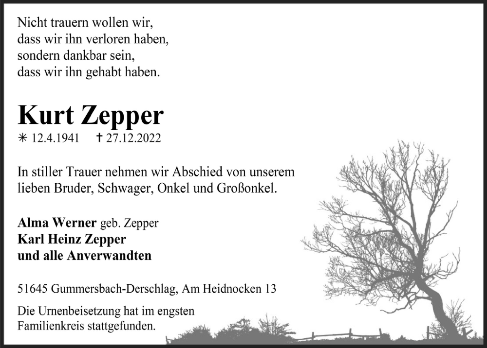  Traueranzeige für Kurt Zepper vom 13.01.2023 aus  Anzeigen Echo 