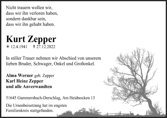 Anzeige von Kurt Zepper von Kölner Stadt-Anzeiger / Kölnische Rundschau / Express
