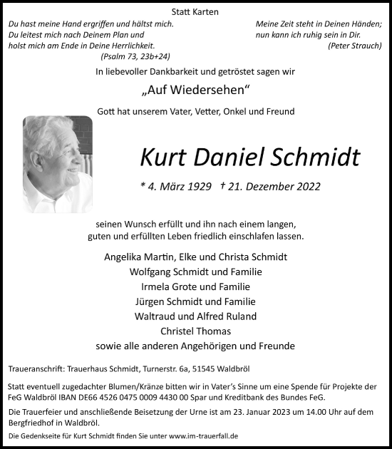 Anzeige von Kurt Daniel Schmidt von  Lokalanzeiger 