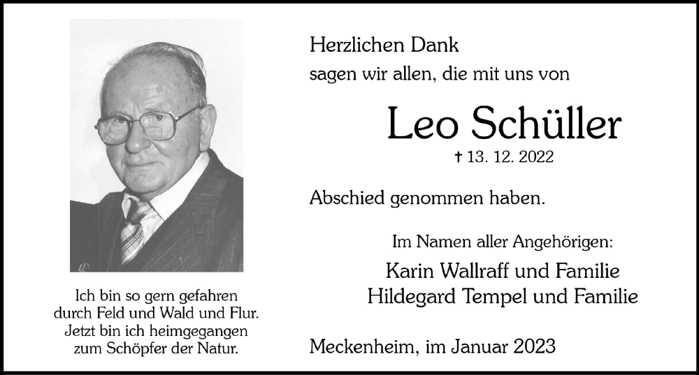  Traueranzeige für Leo Schüller vom 20.01.2023 aus  Schaufenster/Blickpunkt 