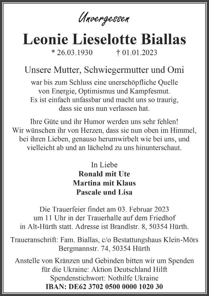  Traueranzeige für Leonie Lieselotte Biallas vom 20.01.2023 aus  Wochenende 