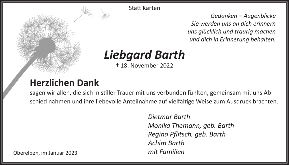  Traueranzeige für Liebgard Barth vom 20.01.2023 aus  Lokalanzeiger 
