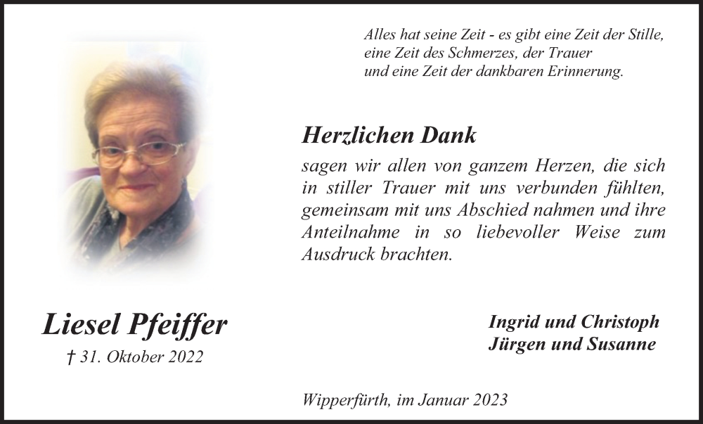  Traueranzeige für Liesel Pfeiffer vom 07.01.2023 aus Kölner Stadt-Anzeiger / Kölnische Rundschau / Express