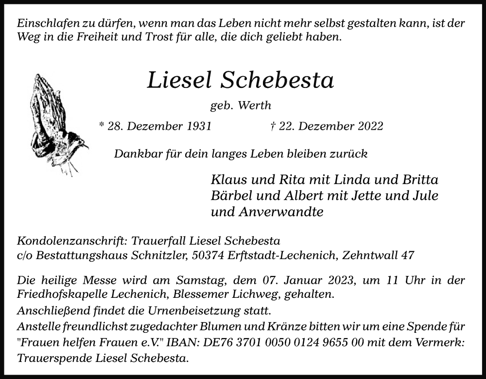  Traueranzeige für Liesel Schebesta vom 04.01.2023 aus Kölner Stadt-Anzeiger / Kölnische Rundschau / Express