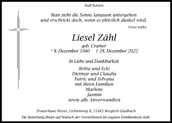Anzeige von Liesel Zähl von  Bergisches Handelsblatt 