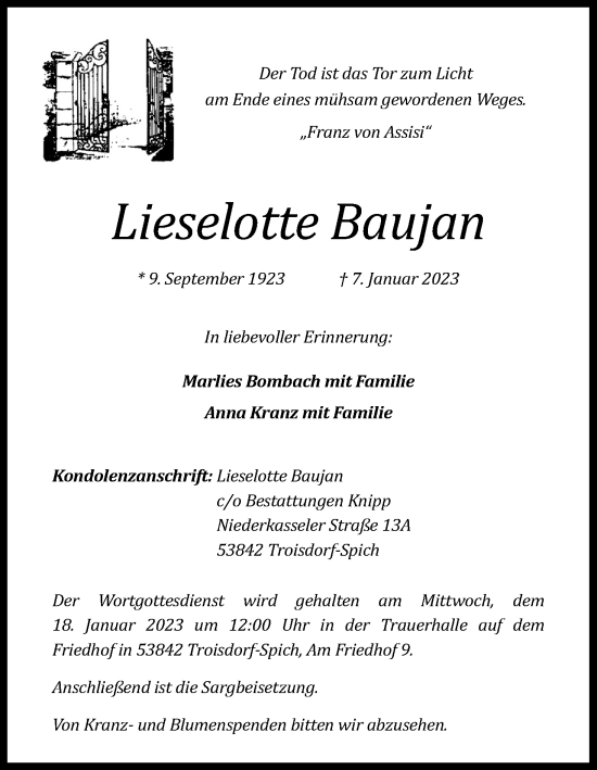 Anzeige von Lieselotte Baujan von Kölner Stadt-Anzeiger / Kölnische Rundschau / Express