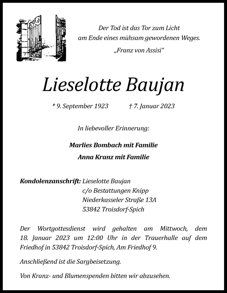  Traueranzeige für Lieselotte Baujan vom 14.01.2023 aus Kölner Stadt-Anzeiger / Kölnische Rundschau / Express
