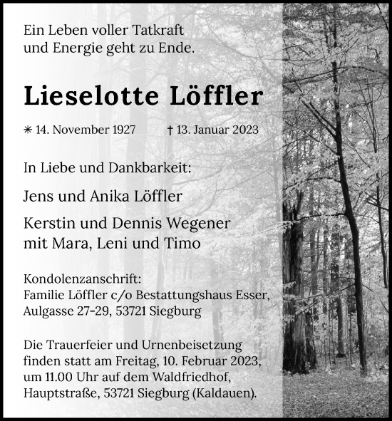 Anzeige von Lieselotte Löffler von Kölner Stadt-Anzeiger / Kölnische Rundschau / Express