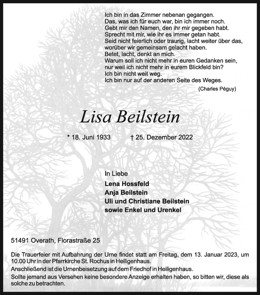  Traueranzeige für Lisa Beilstein vom 07.01.2023 aus Kölner Stadt-Anzeiger / Kölnische Rundschau / Express