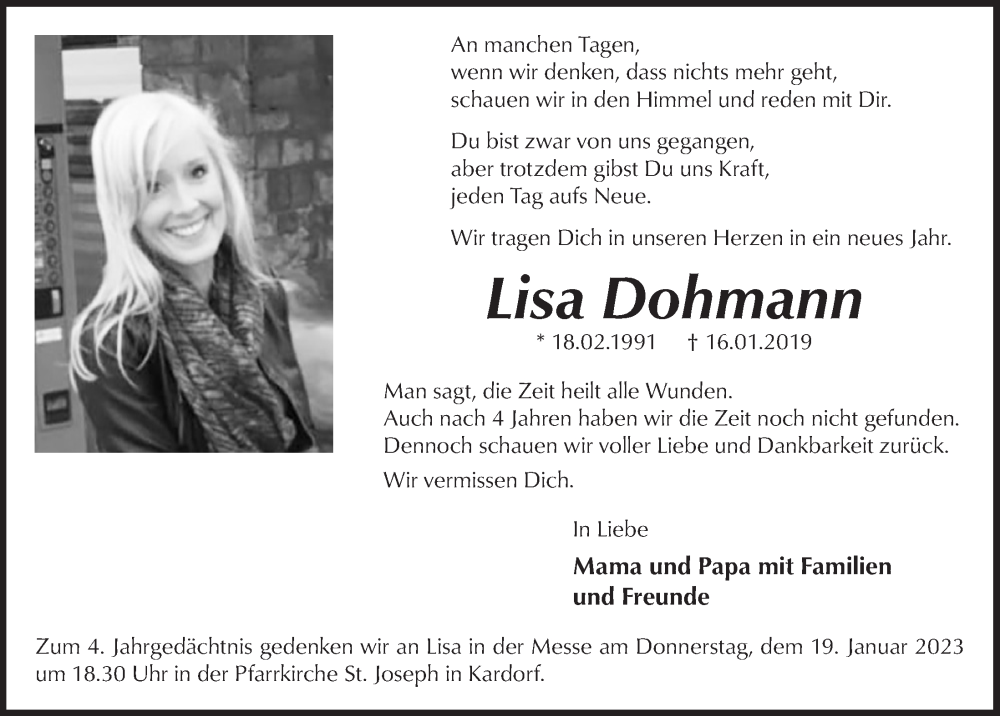  Traueranzeige für Lisa Dohmann vom 18.07.2023 aus  Schaufenster/Blickpunkt 