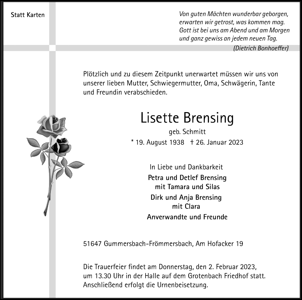  Traueranzeige für Lisette Brensing vom 28.01.2023 aus Kölner Stadt-Anzeiger / Kölnische Rundschau / Express