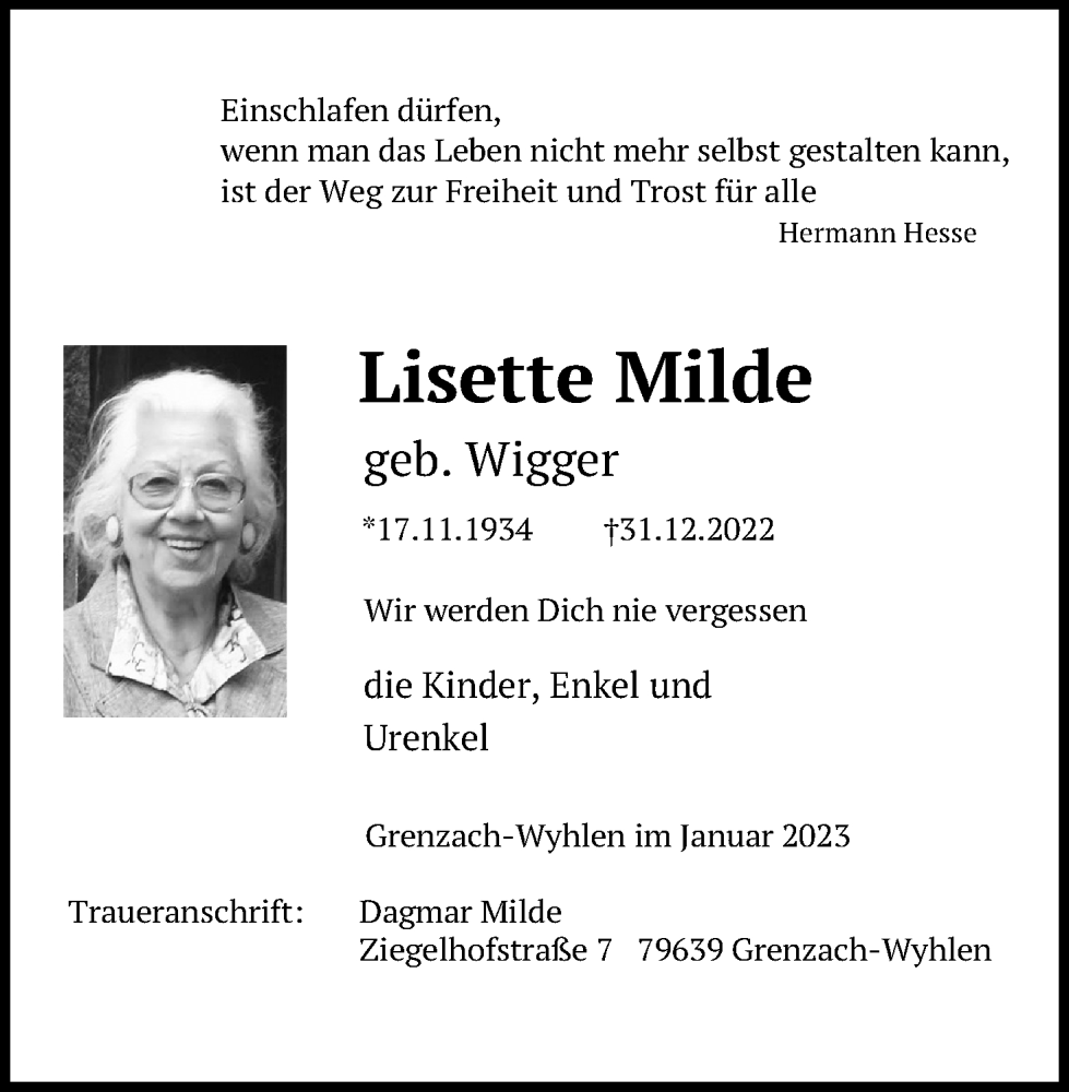  Traueranzeige für Lisette Milde vom 07.01.2023 aus Kölner Stadt-Anzeiger / Kölnische Rundschau / Express