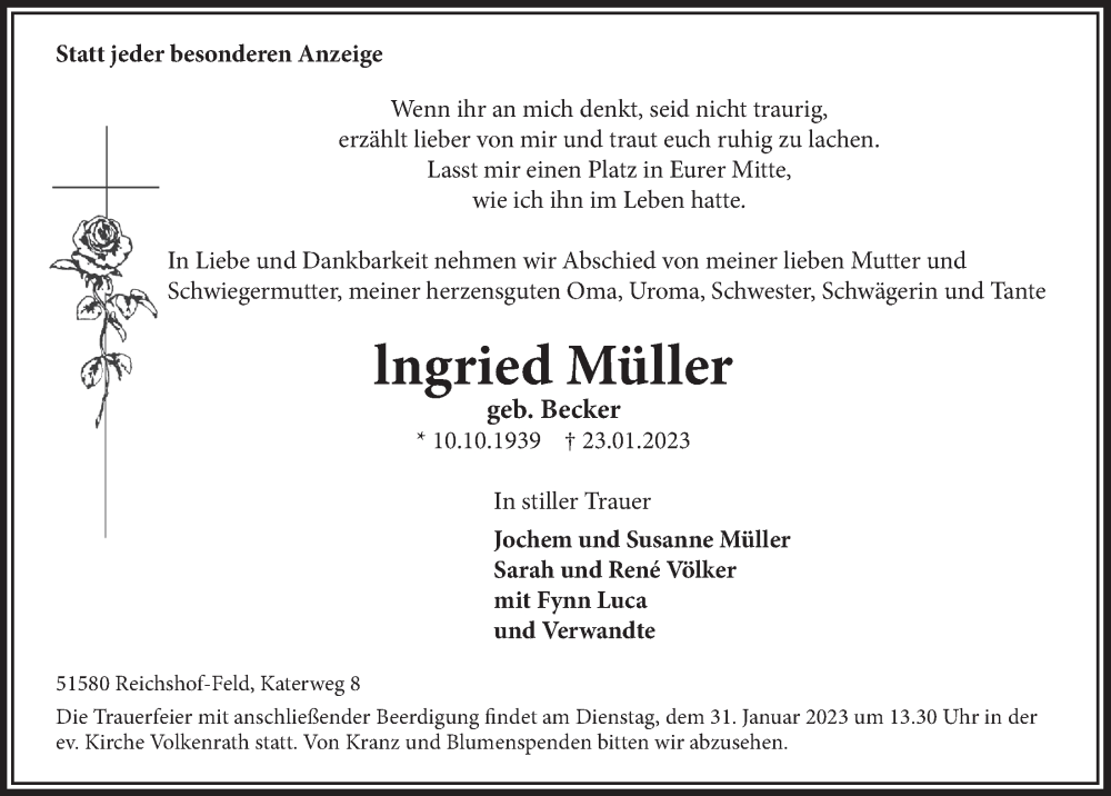  Traueranzeige für lngried Müller vom 27.01.2023 aus  Anzeigen Echo 
