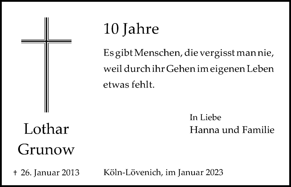  Traueranzeige für Lothar Grunow vom 28.01.2023 aus Kölner Stadt-Anzeiger / Kölnische Rundschau / Express