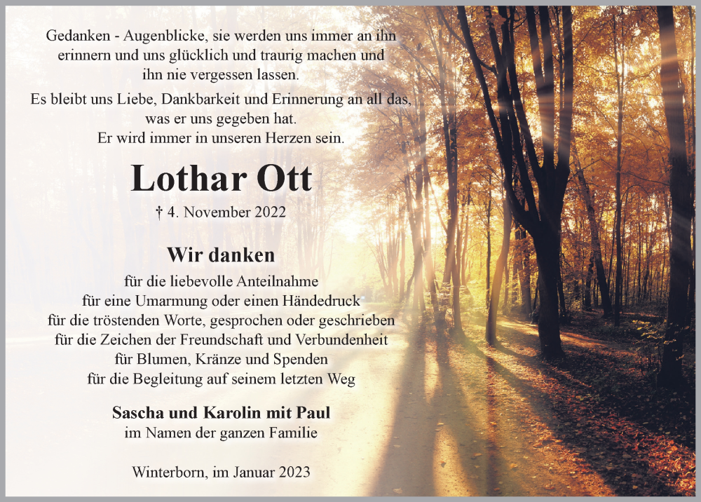  Traueranzeige für Lothar Ott vom 06.01.2023 aus  Lokalanzeiger 