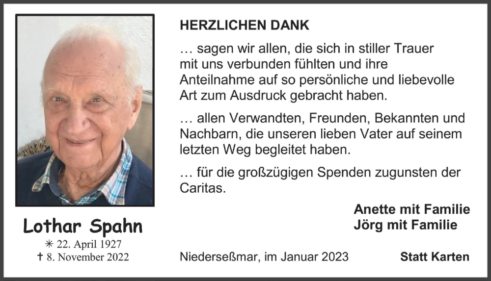 Traueranzeige für Lothar Spahn vom 13.01.2023 aus  Anzeigen Echo 