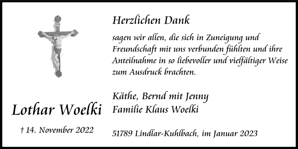  Traueranzeige für Lothar Woelki vom 27.01.2023 aus  Anzeigen Echo 
