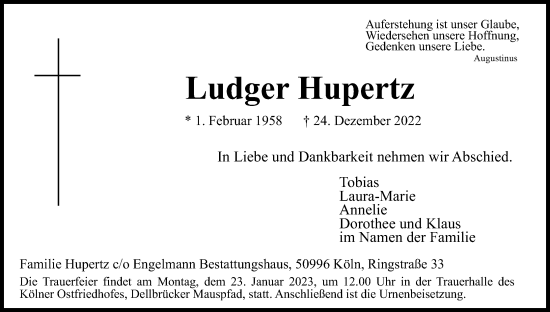 Anzeige von Ludger Hupertz von Kölner Stadt-Anzeiger / Kölnische Rundschau / Express