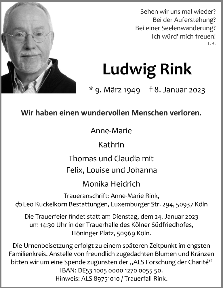  Traueranzeige für Ludwig Rink vom 21.01.2023 aus Kölner Stadt-Anzeiger / Kölnische Rundschau / Express