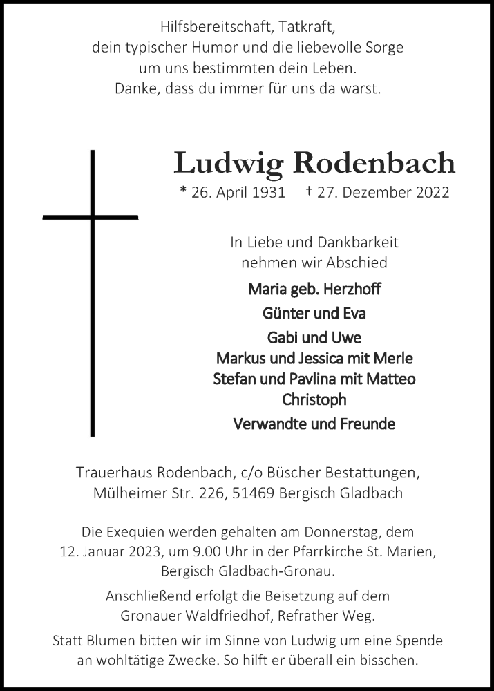  Traueranzeige für Ludwig Rodenbach vom 07.01.2023 aus Kölner Stadt-Anzeiger / Kölnische Rundschau / Express