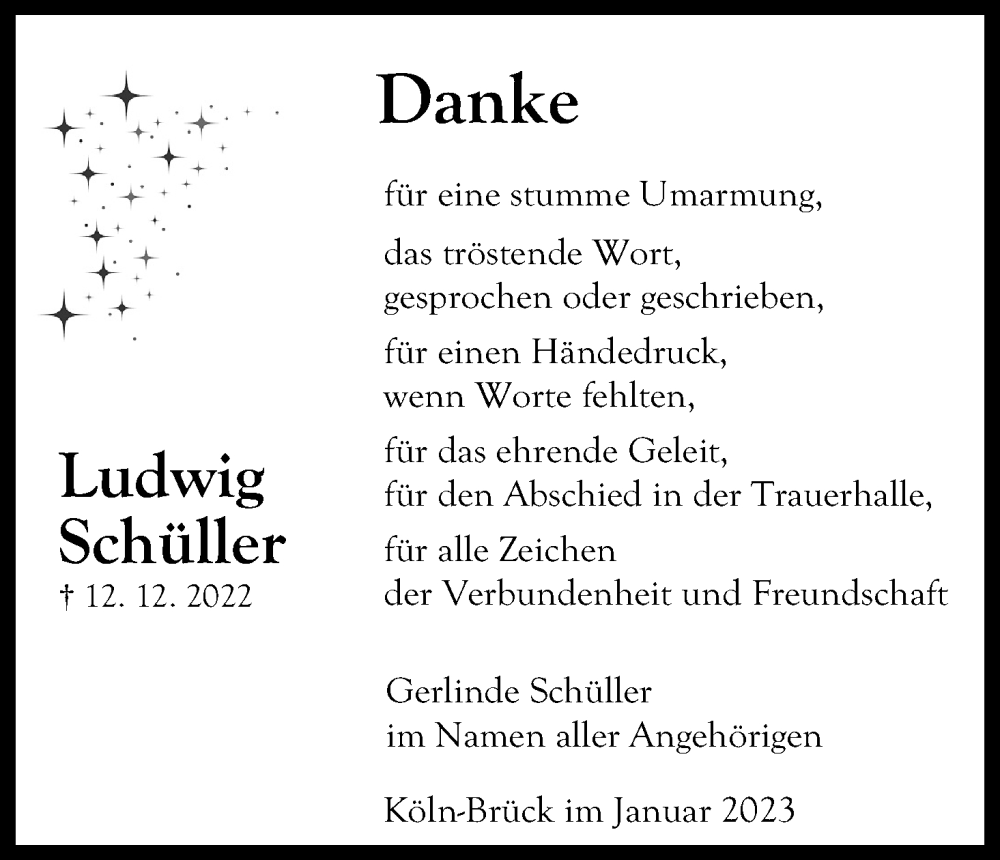  Traueranzeige für Ludwig Schüller vom 14.01.2023 aus Kölner Stadt-Anzeiger / Kölnische Rundschau / Express