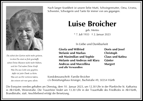Anzeige von Luise Broicher von Kölner Stadt-Anzeiger / Kölnische Rundschau / Express