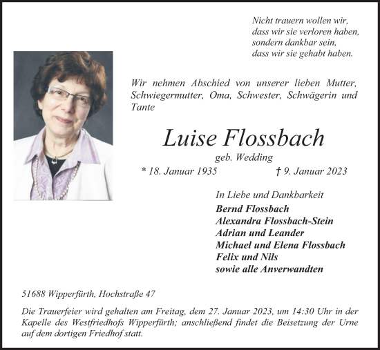 Anzeige von Luise Flossbach von Kölner Stadt-Anzeiger / Kölnische Rundschau / Express