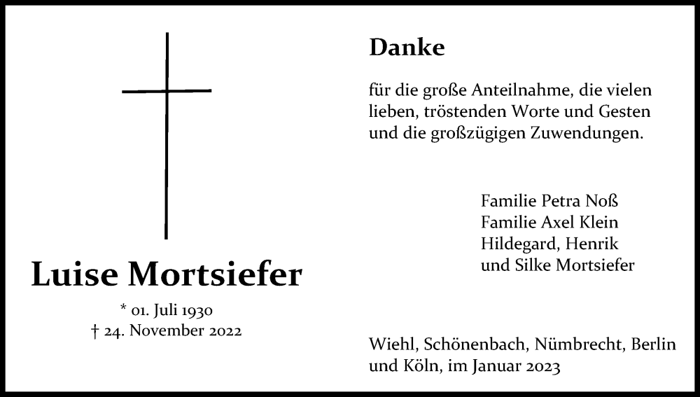  Traueranzeige für Luise Mortsiefer vom 21.01.2023 aus Kölner Stadt-Anzeiger / Kölnische Rundschau / Express