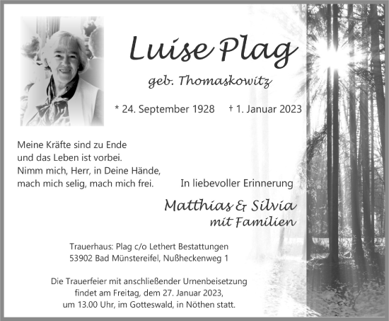 Anzeige von Luise Plag von  Blickpunkt Euskirchen 