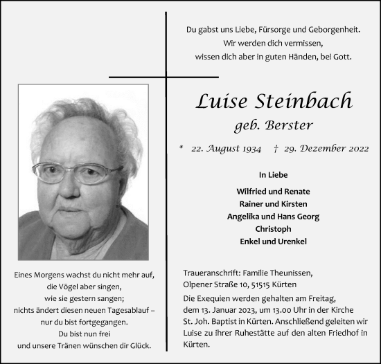 Anzeige von Luise Steinbach von Kölner Stadt-Anzeiger / Kölnische Rundschau / Express