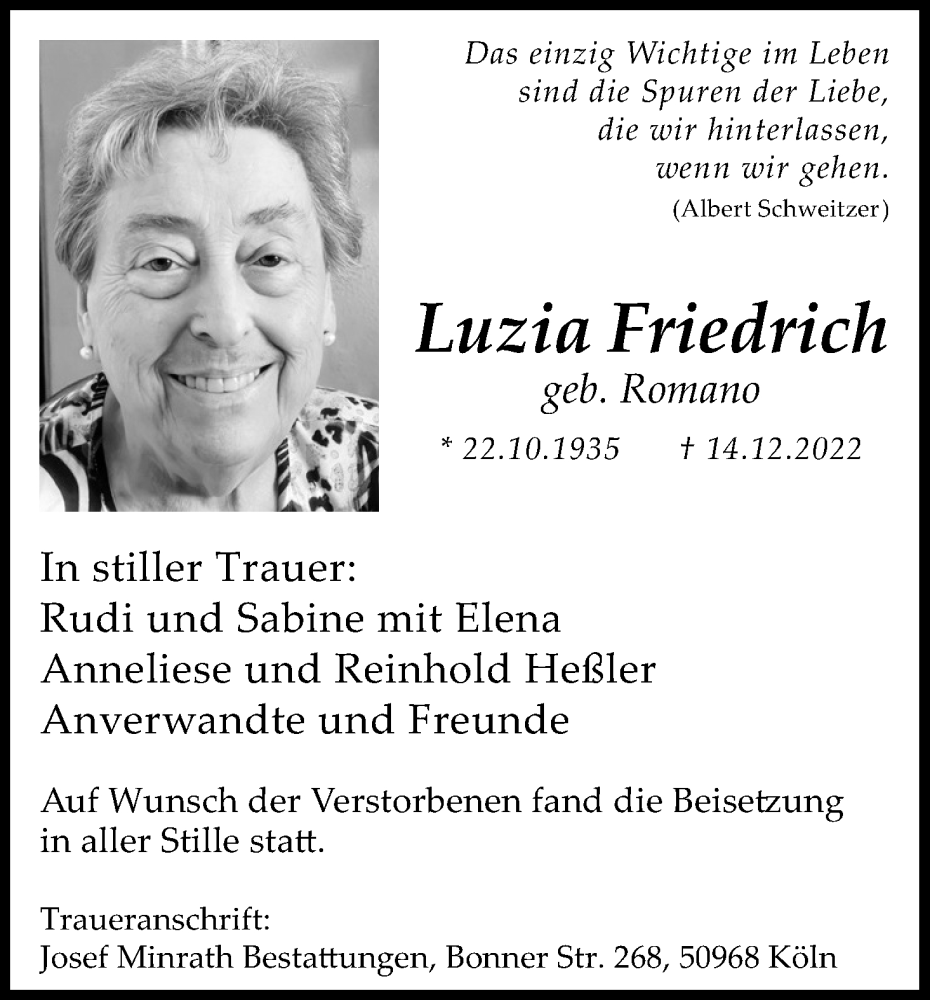  Traueranzeige für Luzia Friedrich vom 21.01.2023 aus Kölner Stadt-Anzeiger / Kölnische Rundschau / Express