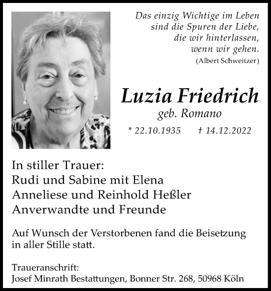 Anzeige von Luzia Friedrich von Kölner Stadt-Anzeiger / Kölnische Rundschau / Express