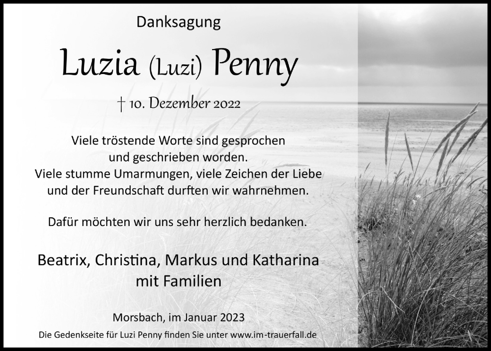  Traueranzeige für Luzia Penny vom 20.01.2023 aus  Lokalanzeiger 