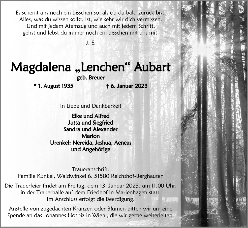  Traueranzeige für Magdalena Aubart vom 12.01.2023 aus Kölner Stadt-Anzeiger / Kölnische Rundschau / Express