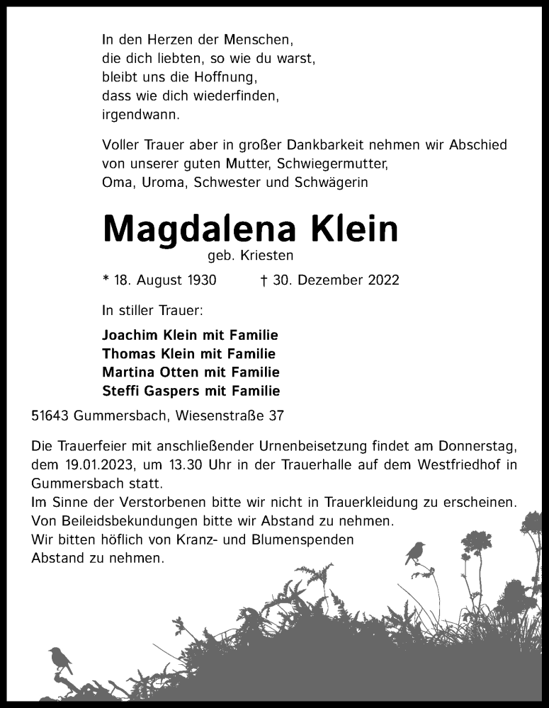  Traueranzeige für Magdalena Klein vom 07.01.2023 aus Kölner Stadt-Anzeiger / Kölnische Rundschau / Express
