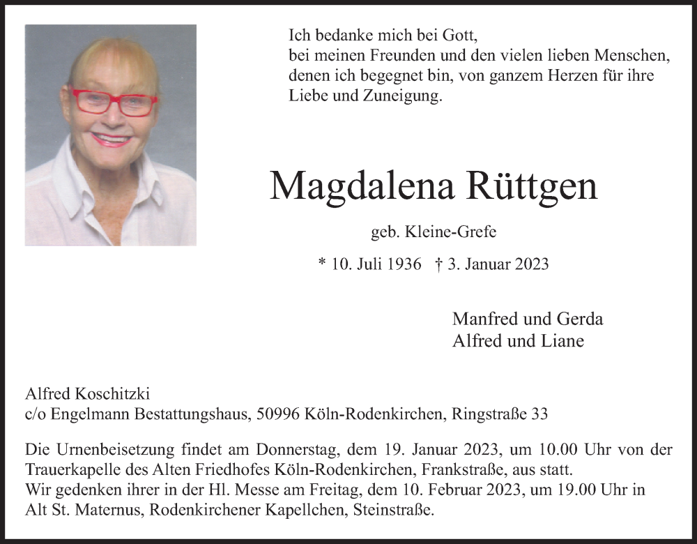  Traueranzeige für Magdalena Rüttgen vom 14.01.2023 aus Kölner Stadt-Anzeiger / Kölnische Rundschau / Express