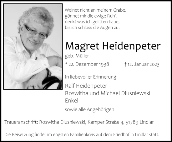Anzeige von Magret Heidenpeter von  Anzeigen Echo 