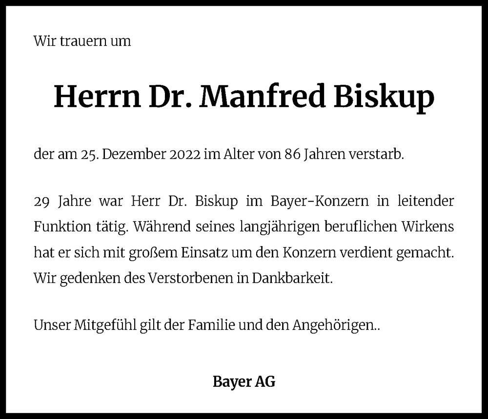  Traueranzeige für Manfred Biskup vom 09.01.2023 aus Kölner Stadt-Anzeiger / Kölnische Rundschau / Express
