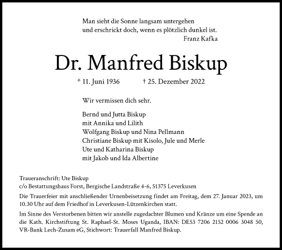 Anzeige von Manfred Biskup von Kölner Stadt-Anzeiger / Kölnische Rundschau / Express