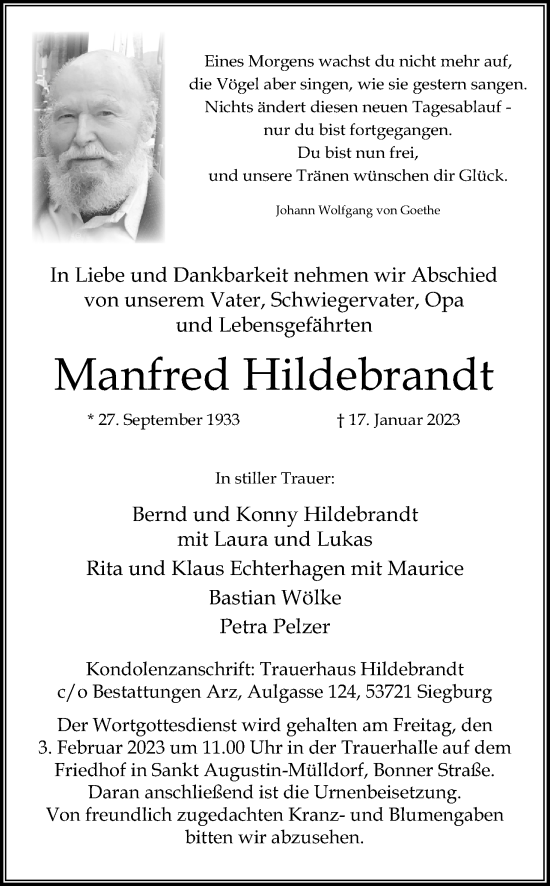 Anzeige von Manfred Hildebrandt von Kölner Stadt-Anzeiger / Kölnische Rundschau / Express