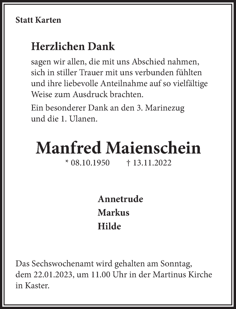  Traueranzeige für Manfred Maienschein vom 06.01.2023 aus  Werbepost 
