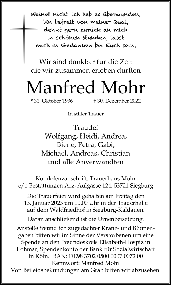 Traueranzeige für Manfred Mohr vom 07.01.2023 aus Kölner Stadt-Anzeiger / Kölnische Rundschau / Express