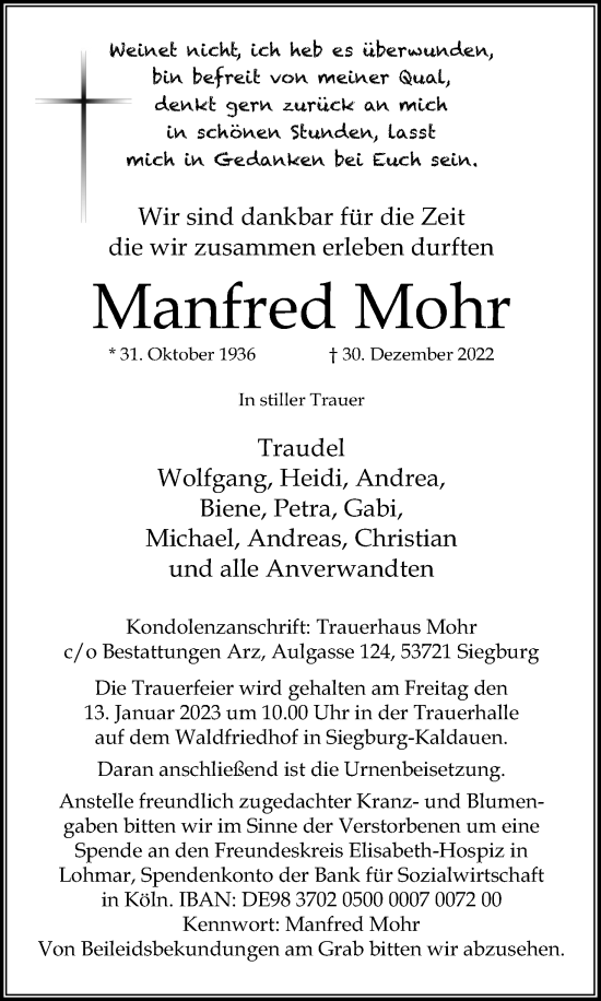 Anzeige von Manfred Mohr von Kölner Stadt-Anzeiger / Kölnische Rundschau / Express