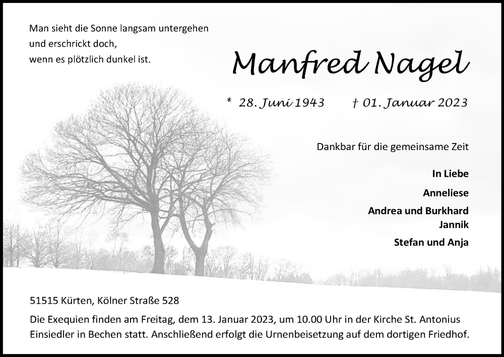  Traueranzeige für Manfred Nagel vom 07.01.2023 aus Kölner Stadt-Anzeiger / Kölnische Rundschau / Express