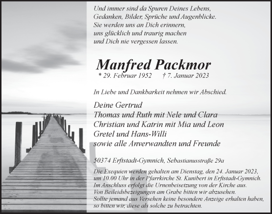 Anzeige von Manfred Packmor von  Werbepost 