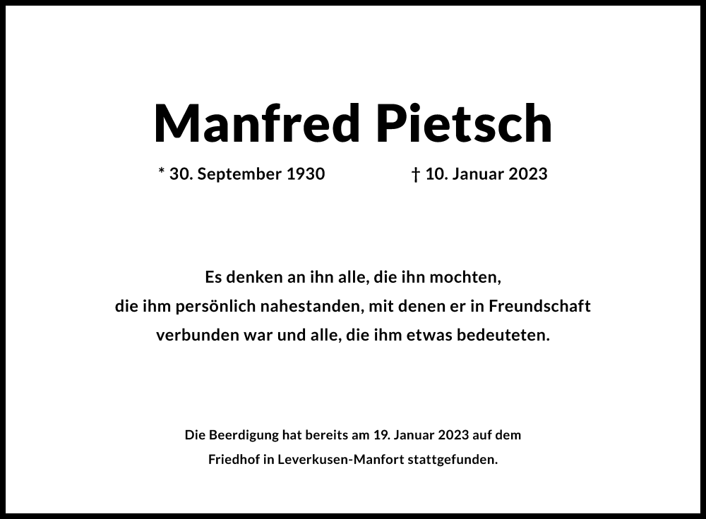  Traueranzeige für Manfred Pietsch vom 21.01.2023 aus Kölner Stadt-Anzeiger / Kölnische Rundschau / Express