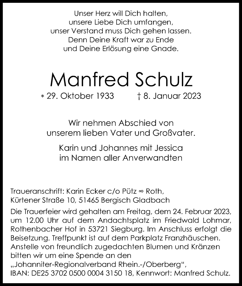  Traueranzeige für Manfred Schulz vom 21.01.2023 aus Kölner Stadt-Anzeiger / Kölnische Rundschau / Express