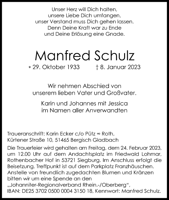 Anzeige von Manfred Schulz von Kölner Stadt-Anzeiger / Kölnische Rundschau / Express