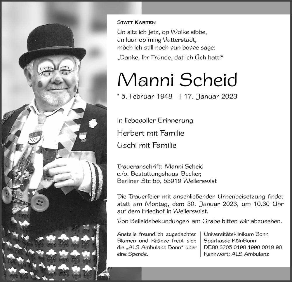  Traueranzeige für Manni Scheid vom 27.01.2023 aus  Schlossbote/Werbekurier 