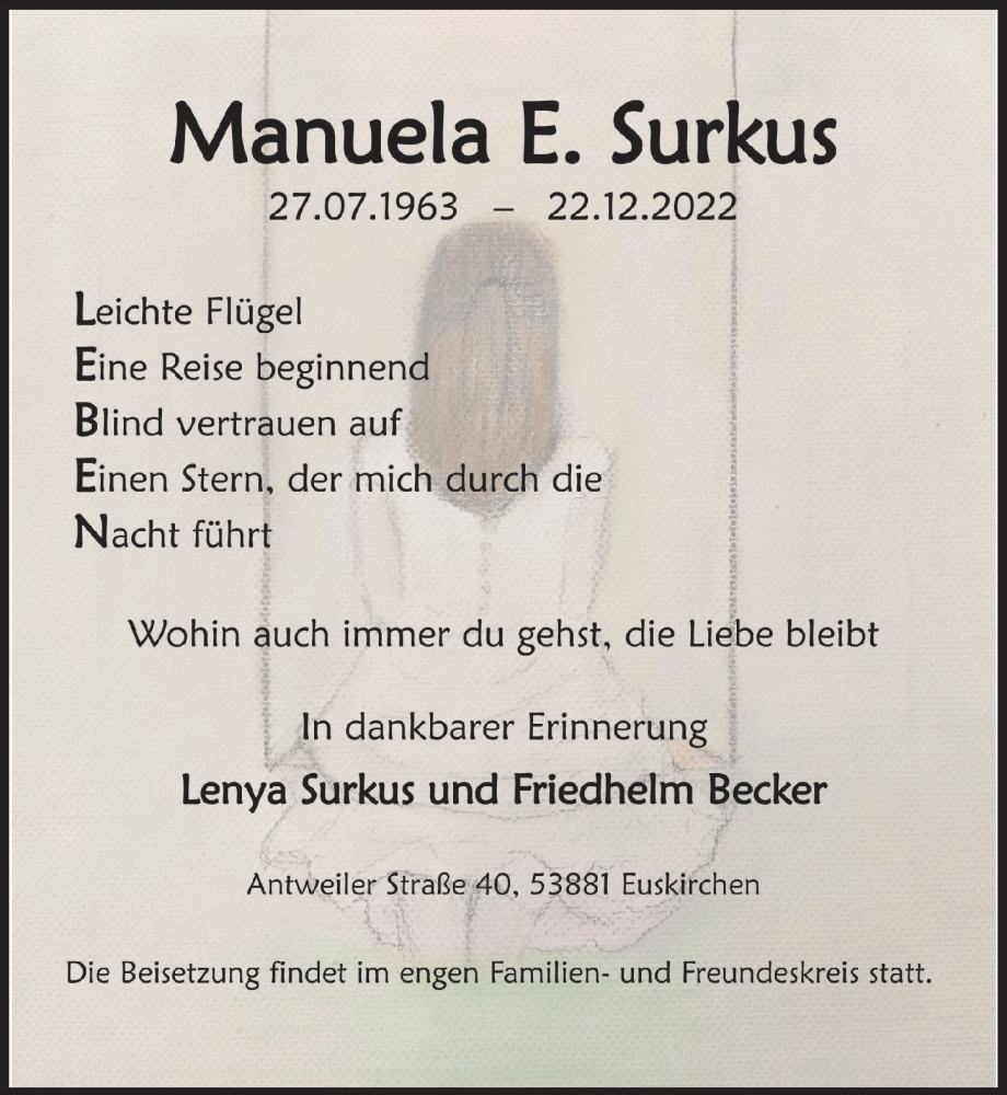  Traueranzeige für Manuela E. Surkus vom 07.01.2023 aus  Blickpunkt Euskirchen 